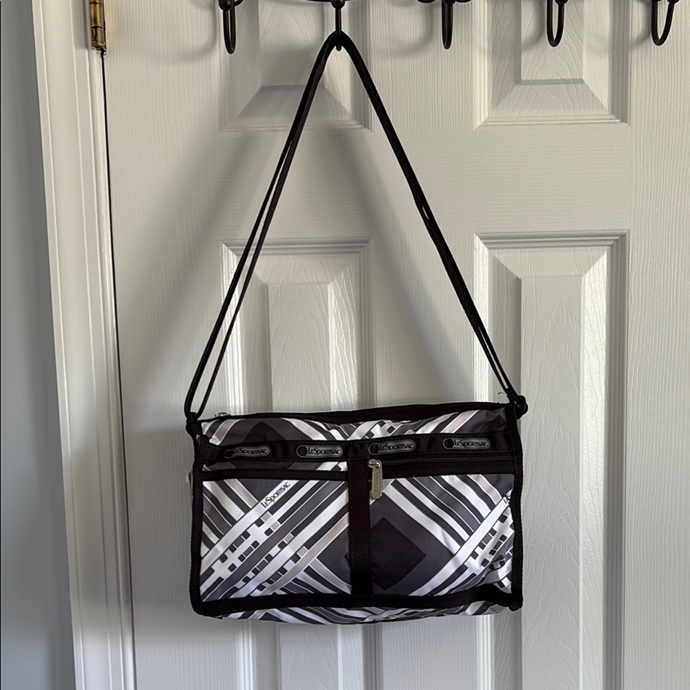 Lesportsac Deluxe Shoulder Satchel Hypnotic Black Monochrome Geometric Bag